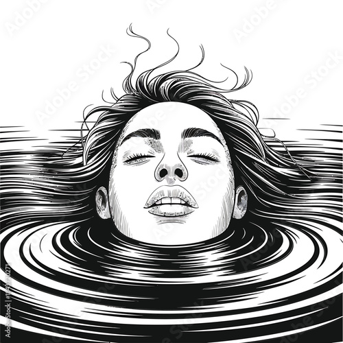 A woman s face emerges from water depicted in a striking woodcut style