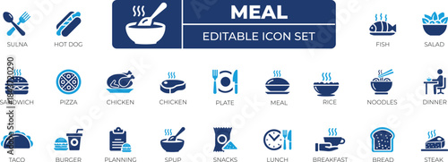Meal icon set with breakfast, pizza, planning, feast, menu,  menu symbols, cooking, catering, food service vector icons.