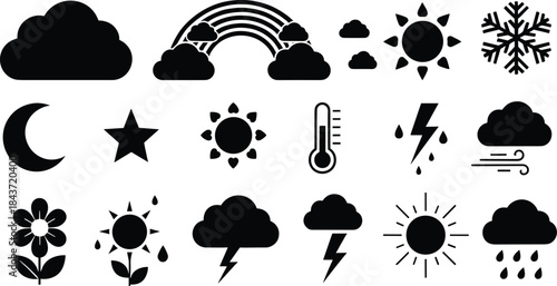 Weather and nature silhouette icon set featuring sun moon clouds rain snow lightning and temperature symbols, solid black vector collection for forecast and climate designs