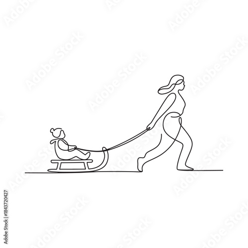 A mother pulls her child on a sled with a simple line drawing