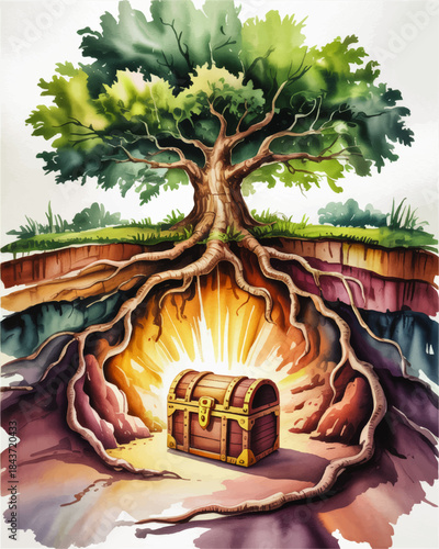 Magical treasure chest hidden under ancient tree roots, fantasy forest illustration with glowing light and mystical adventure theme