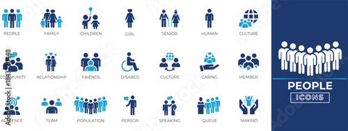 People icon set with users, team, profile, community, human, group, caring, children, diversity, human resources, social network, vector symbols.