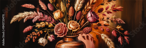 Rustic autumn floral bouquet in ceramic vase, warm brown and orange background, vintage botanical illustration, horizontal wall art