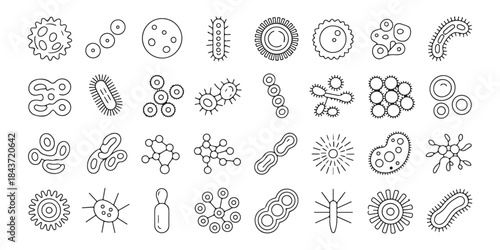 Outline set of diverse bacteria and virus icons portraying various microscopic organisms cells