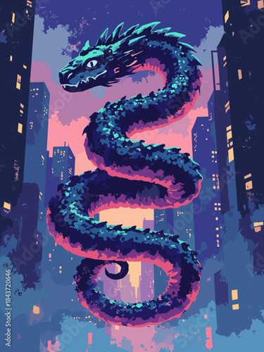 A colossal serpent winding through skyscrapers like a train, scales glinting with neon lights, vertical composition, 80s anime poster style, cel shaded