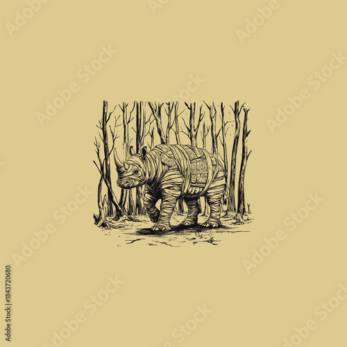 Mythical mummy rhinoceros walking in the jungle, vintage golden line art illustration of rhino wrapped in bandages isolated on dark background.