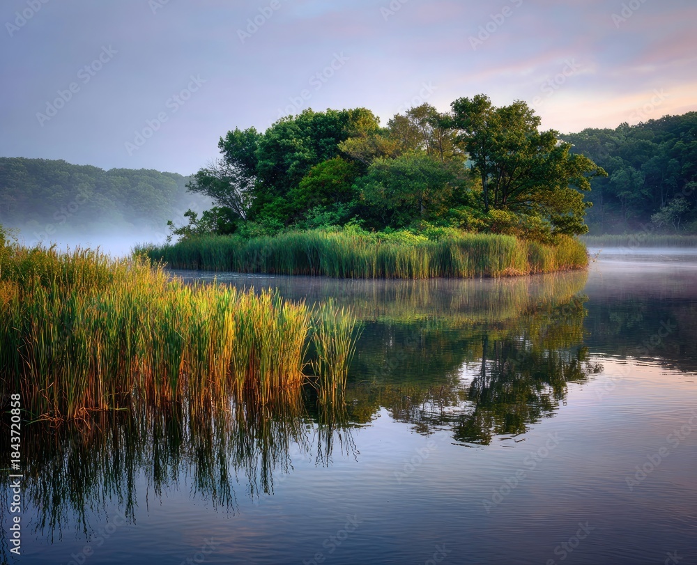 Fototapeta premium Small island with trees and reeds reflected in still water, with fog at dawn
