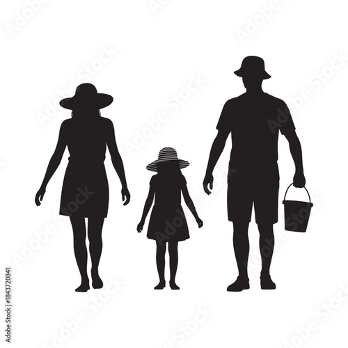 Family silhouette walking together wearing hats and carrying a bucket