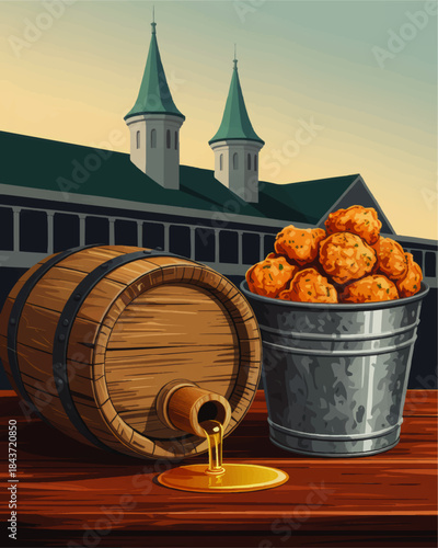 Bourbon barrel and fried chicken bucket at racetrack grandstand, Kentucky Derby festival food and drink illustration at sunset