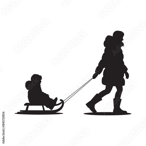 Silhouette of a person pulling a child on a sled through winter