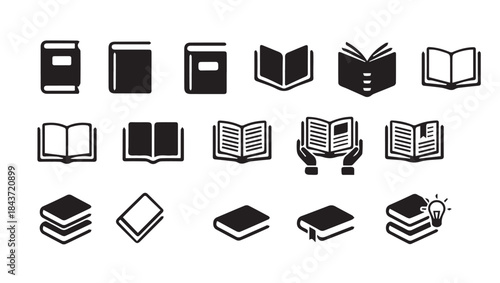 Book and Reading Solid Icons Set: Open, Closed, Stacked, and Hand-Held Knowledge Symbols