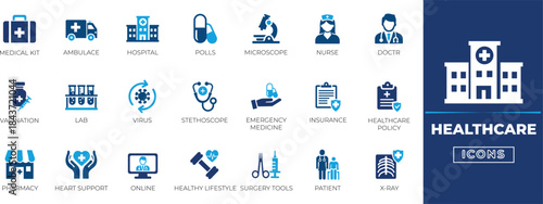 Healthcare icon set with medical, hospital, doctor, nurse, pharmacy, support, patient, clinic, medicine, healthcare, emergency, vector symbols.