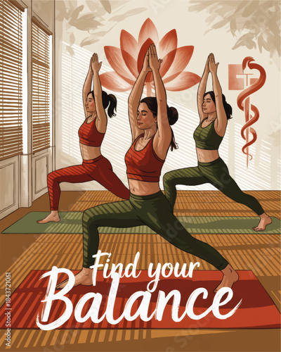 Women practicing yoga warrior pose illustration with lotus flower, wellness studio interior and inspirational find your balance quote