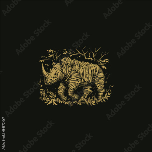Mythical mummy rhinoceros walking in the jungle, vintage golden line art illustration of rhino wrapped in bandages isolated on dark background.