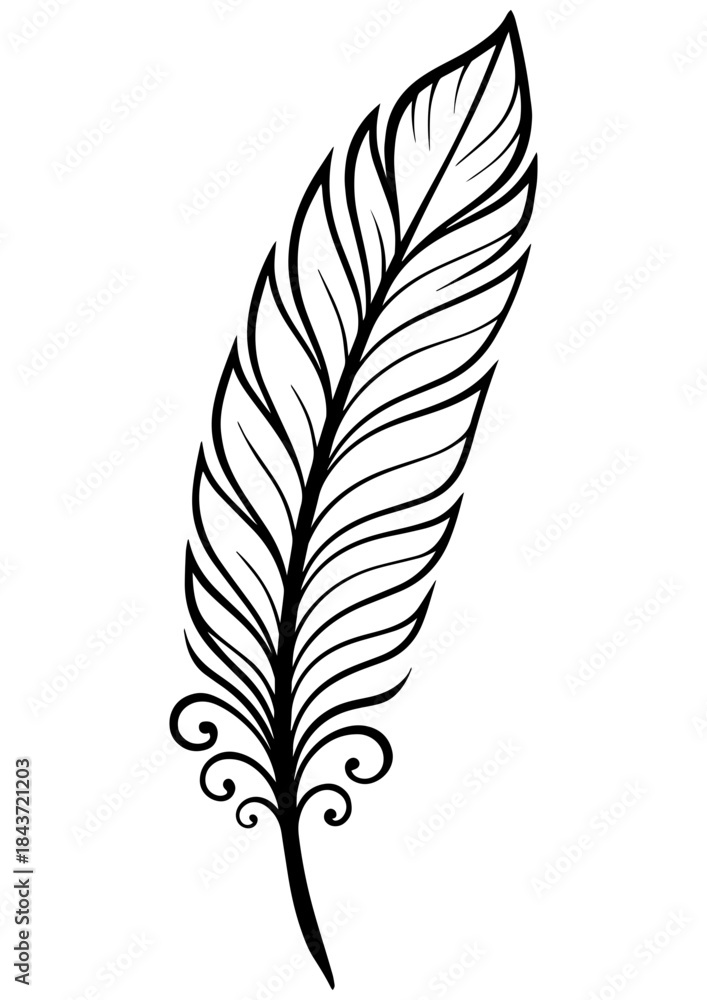 Fototapeta premium Black and white feather vector illustration. Perfect for engraving, laser engrave, prints and creative projects. Clean line art design