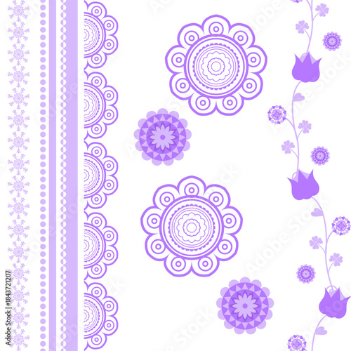 Pastel purple shades floral vector illustration with seamless flower pattern design for spring and summer nature decoration on a white background.. Damask, blanket rug carpet fashion, cards. 