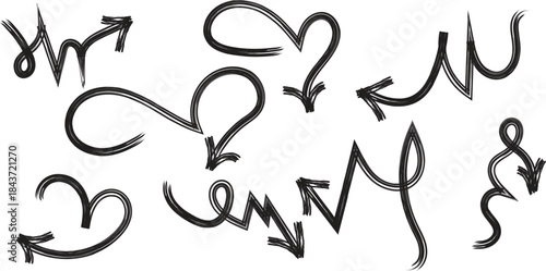 Hand drawn hearts and arrows in black on white background