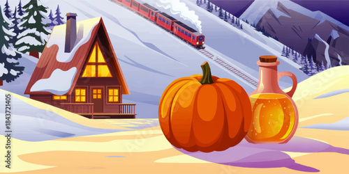 Cozy winter cabin in snowy mountains with pumpkin and glass bottle, festive holiday landscape with train, warm rustic chalet