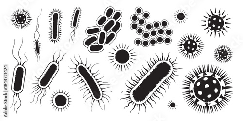 Black and white bacterium, virus and microbe icon set. microbiology germs microorganism signs