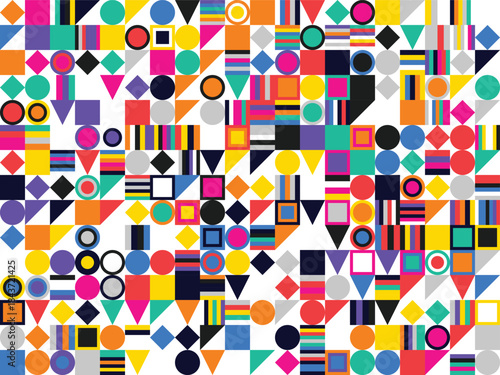 Colorful Geometric Shapes Pattern with Circles, Triangles, and Squares on White Background