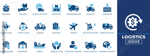 Logistics solid icon set for shipping, warehouse, dispatch, efficiency, forklift, global, import, management, operation, supply chain, freight, global shipping. vector, editable.