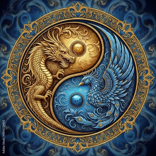 Yin Yang Dragon and Phoenix Symbol: A captivating artwork presents the harmonious balance of Yin and Yang, embodied by a majestic golden dragon and a vibrant blue phoenix.