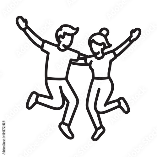 Two people jumping with arms raised in a joyful celebratory pose