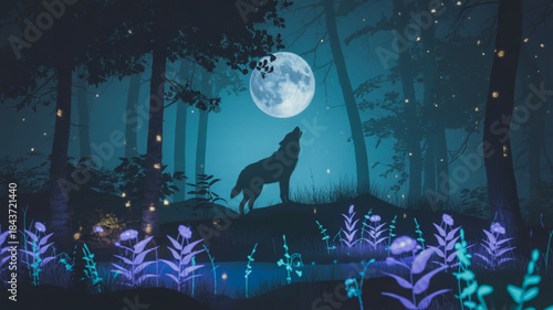 Silhouette of a wolf howling at the full moon in a mystical forest at night