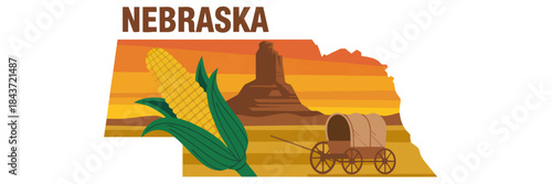 Nebraska state illustration with cornfield agriculture, prairie sunset landscape, western wagon and landmark rock formation graphic