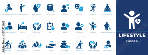Lifestyle solid icon set for fitness, heartbeat, meditation, muscle, personal, hobbies, wellness, daily routines, modern living, health, productivity. vector, editable.
