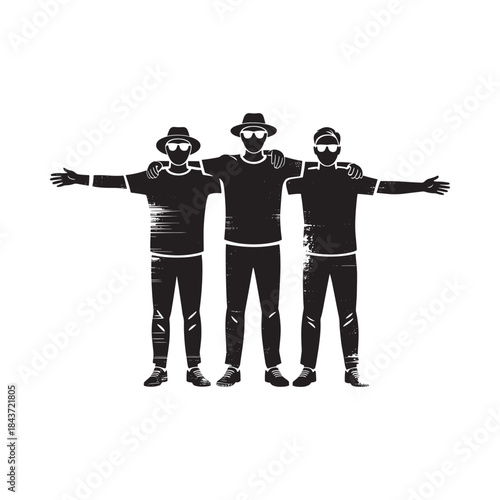 Three friends standing together arms around each other in a black silhouette