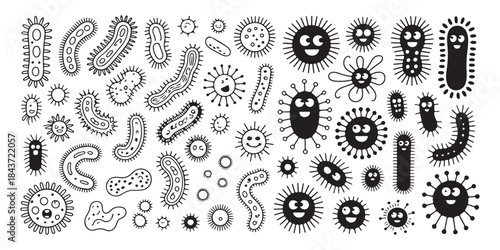 Bacteria and virus microorganism characters with faces. cute germ microbes set