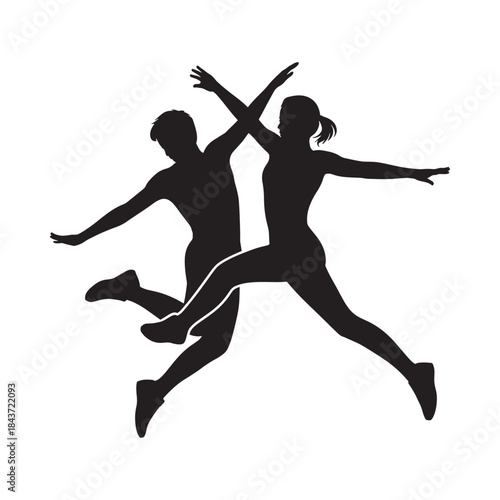 Silhouette of a couple mid air displaying a dynamic dance or movement pose