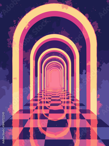 A endless corridor of neon arches, checkerboard floor, perspective view, hypnotizing pattern, 3D render style converted to vector