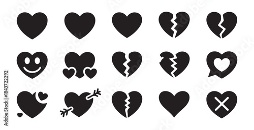 Set of fifteen black heart icons isolated on a white background various styles symbols
