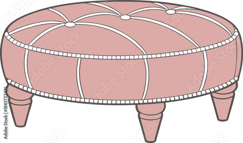 Tufted round ottoman with four carved wooden legs