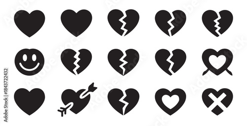 Set of fifteen black heart icons isolated on a white background various styles symbols
