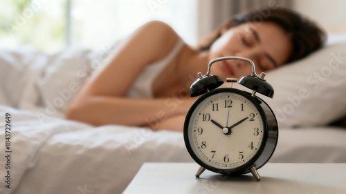 Wallpaper Mural A serene image of a woman sleeping peacefully in bed, with an alarm clock in the foreground. Torontodigital.ca