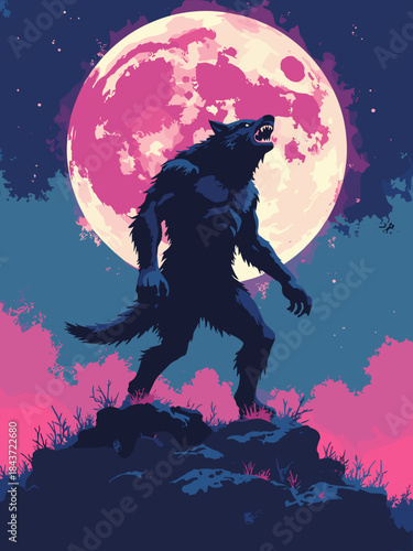 A massive werewolf howling at a jagged digital moon, standing atop a pile of neon debris, dark blue and hot pink highlights, synthwave horror aesthetic, stylized vector art