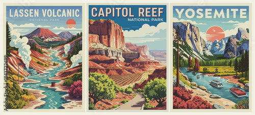 Retro-style triptych showcasing Lassen, Capitol Reef, and Yosemite National Parks with bold colors, red suns, and dramatic natural landscapes.