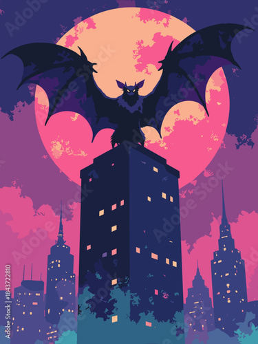 A giant mutated bat creature perched on a skyscraper, spreading massive wings against a setting neon sun, gothic retrowave style, cyan and magenta rim lighting