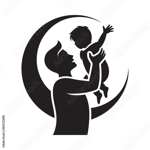Silhouette of a father lifting a child against a crescent moon backdrop