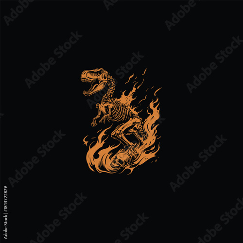 Skeleton of Tyrannosaurus Rex dinosaur on fire with human skull, aggressive line art illustration isolated on black background.