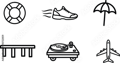 A versatile collection of outline icons depicting travel sport music leisure and outdoor activities for modern graphic design needs