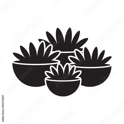 Simple black and white illustration of succulents in round pots
