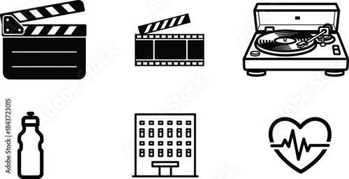 A visually appealing collection of black outline icons representing diverse concepts from film production and music entertainment to urban architecture fitness and health