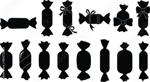 Candy silhouette illustration set featuring wrapped sweets chocolates and toffees in various shapes, solid black confectionery vector icons for packaging and design
