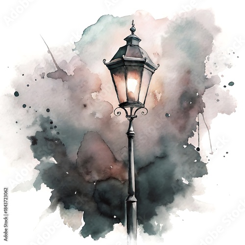 Vintage Lantern's Watercolor: An antique street lamp, its light illuminating the scene, set against a stunning backdrop of watercolor textures that evoke a sense of nostalgic warmth.