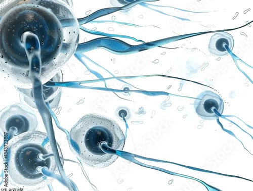 Sperm cells swimming forward in fluid environment under microscope, fertility concept