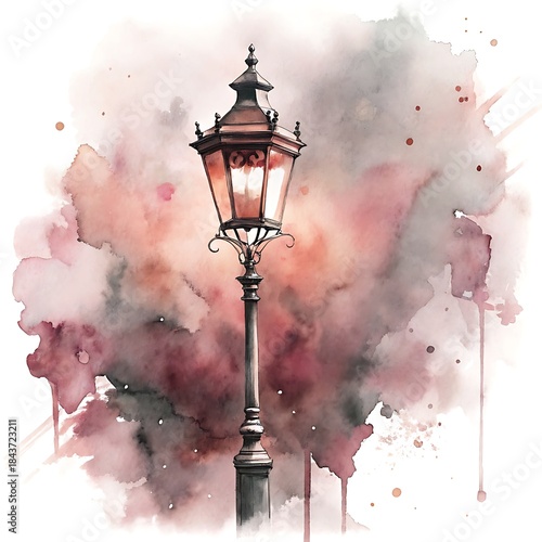 Vintage Lantern's Watercolor Dream: A charming antique lantern illuminates the scene with warm light, set against a dreamy watercolor backdrop, a picturesque blend of nostalgia and art.